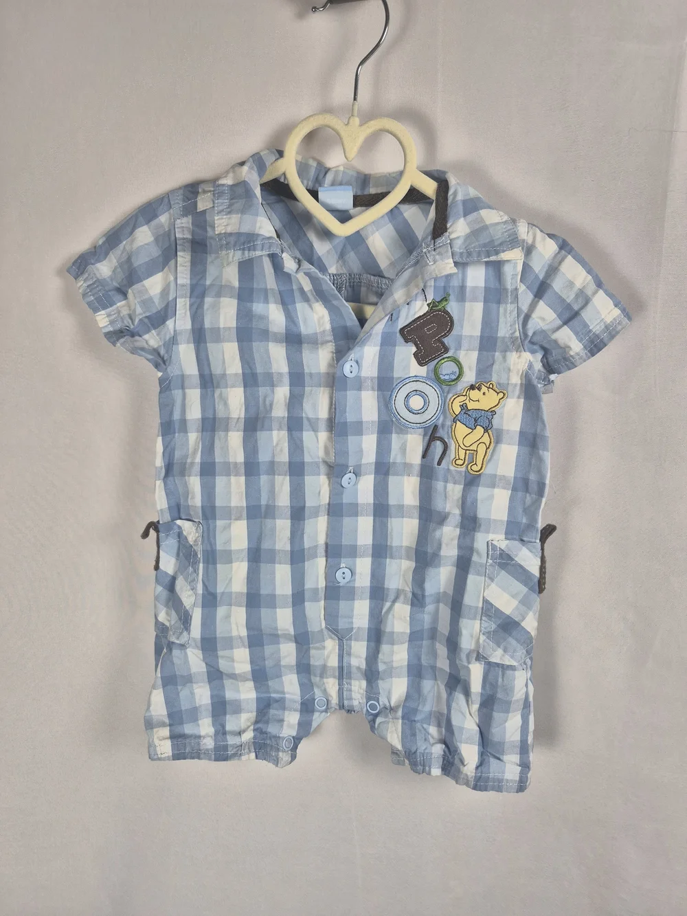 Disney Winnie The Pooh Light Blue and White Plaid 100% Cotton One-Piece 6-9M